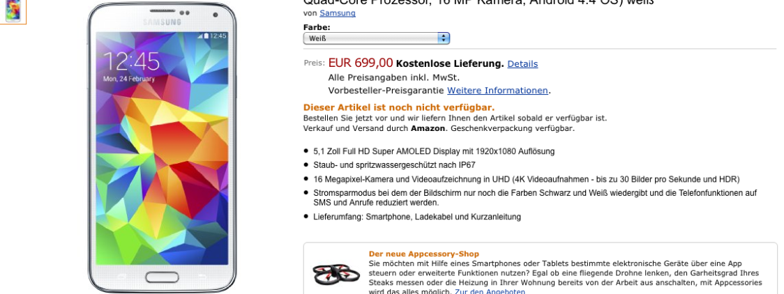 Galaxy S5 : Il Prezzo un Mistero? No Su Amazon.de lo troviamo a 699 Euro in pre-ordine